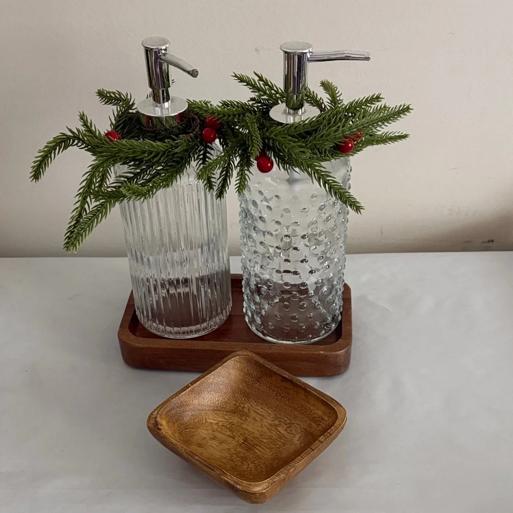 Threshold Glass Soap Dispenser Set acacia wood Tray trivet bowl Christmas
